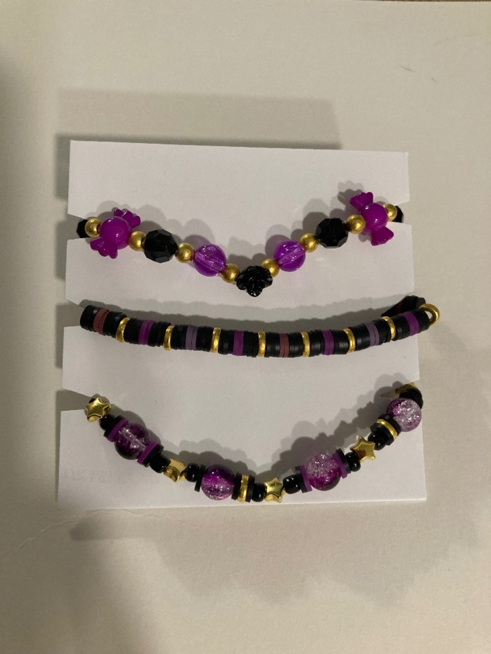 Witchy Purple Black Gold Star Halloween Bracelet Set Pre-Stretched Elastic, 6.5”
